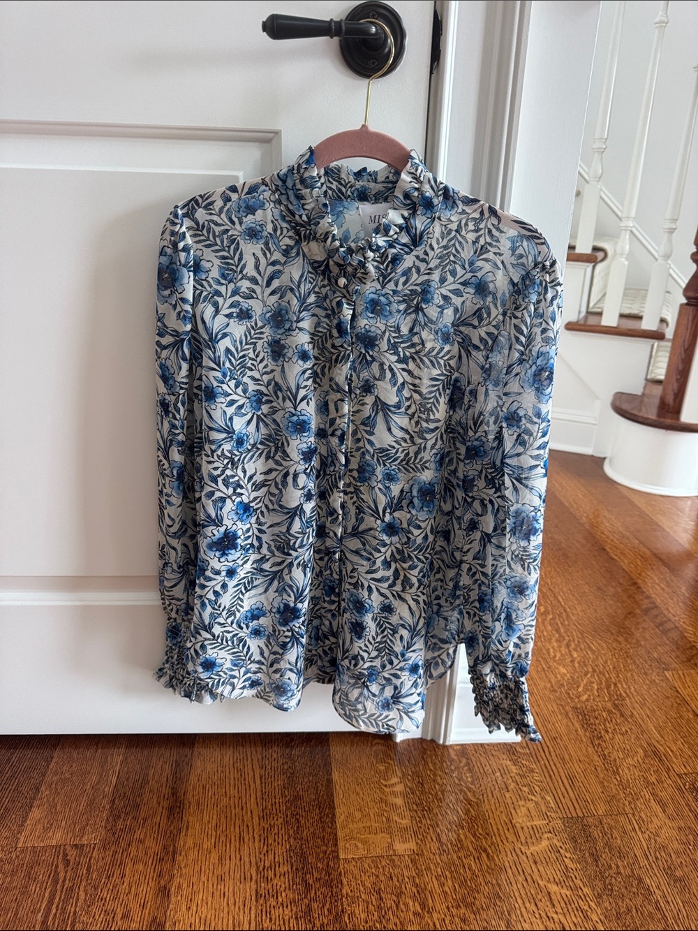 Misa Los Angeles Blue and White Floral Ruffle Neck Blouse (button down)